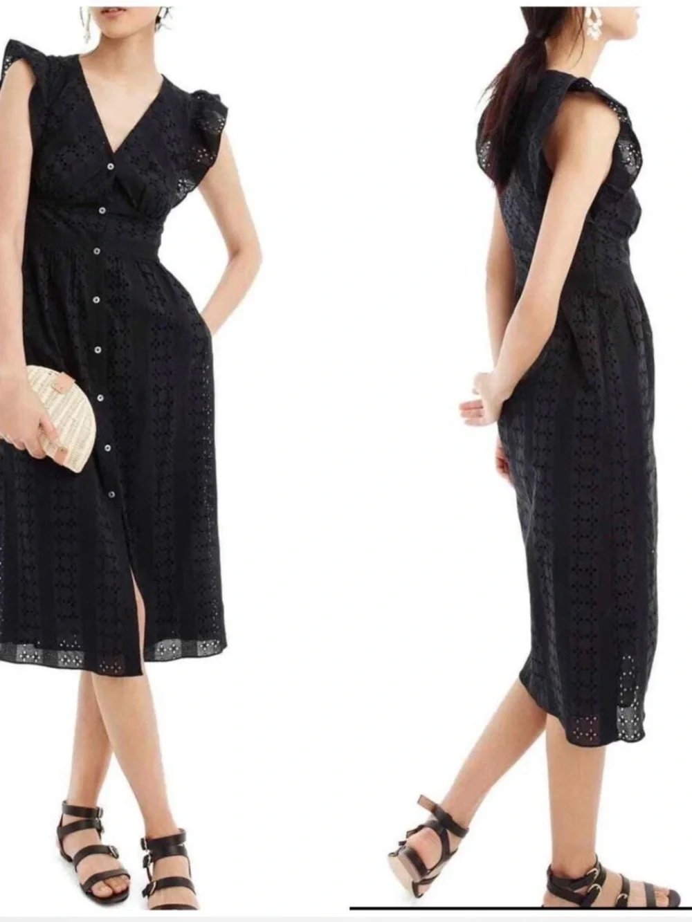 J Crew black lace eyelet button up midi dress